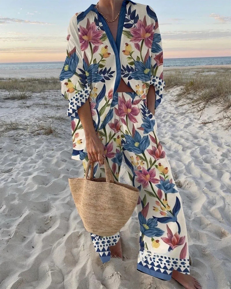 Fragrant Flower Print Shirt & Pants Two-Piece Set