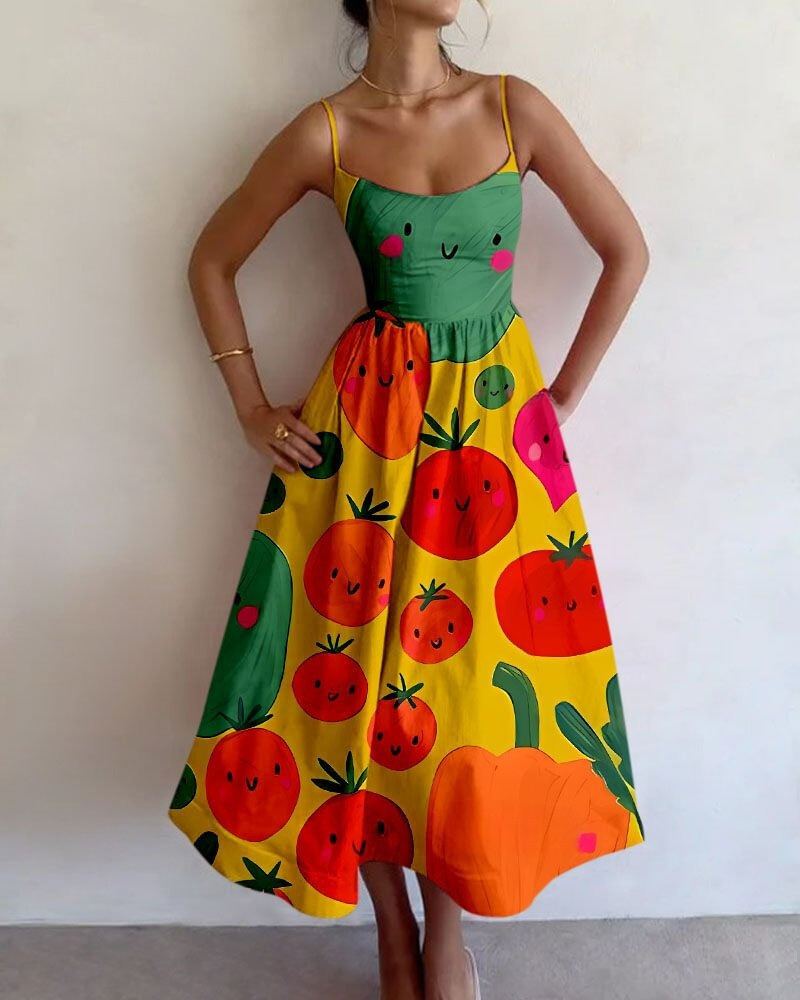 Fashion Vegetable Print Slip Dress