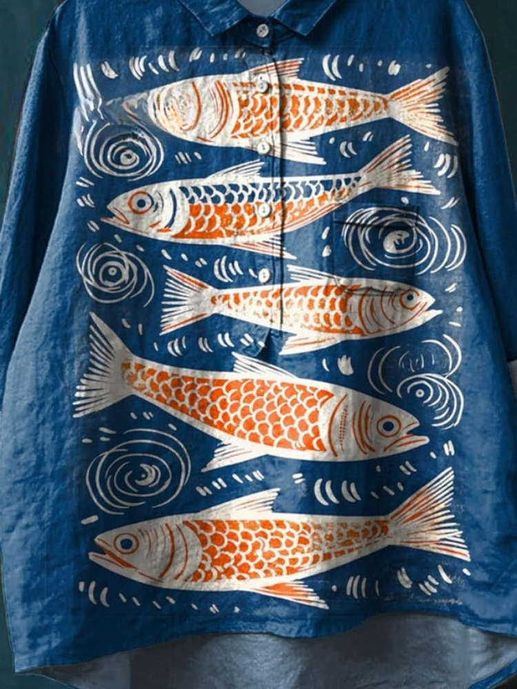 Vintage Lovely Fish Art Print Casual Cotton And Linen Shirt