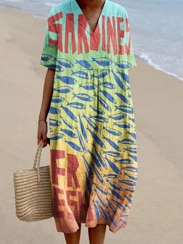 Vintage Symphony Fish Rainbow Sardines Art Pattern Printed Women's Flowy Dress