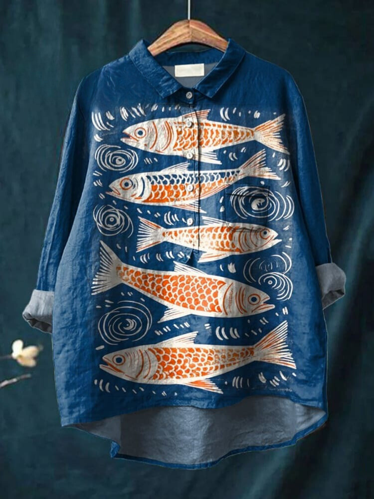 Vintage Lovely Fish Art Print Casual Cotton And Linen Shirt