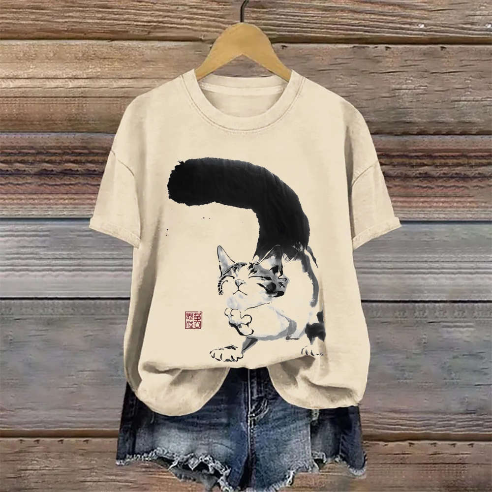 Cotton Contented Cat Ink Art Print T-shirt