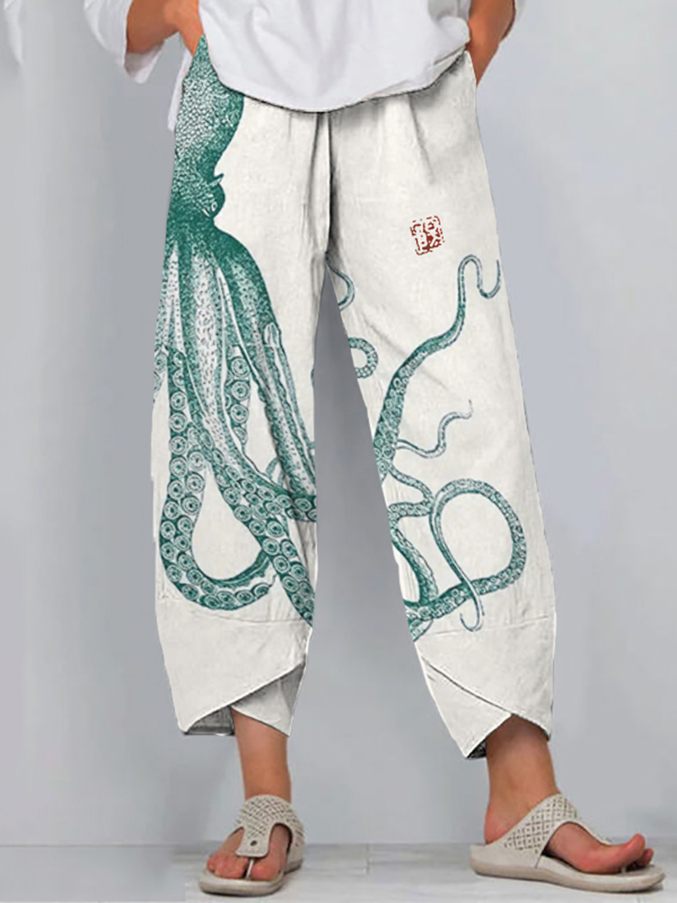 Japanese Art Octopus Print Loose Casual Pants