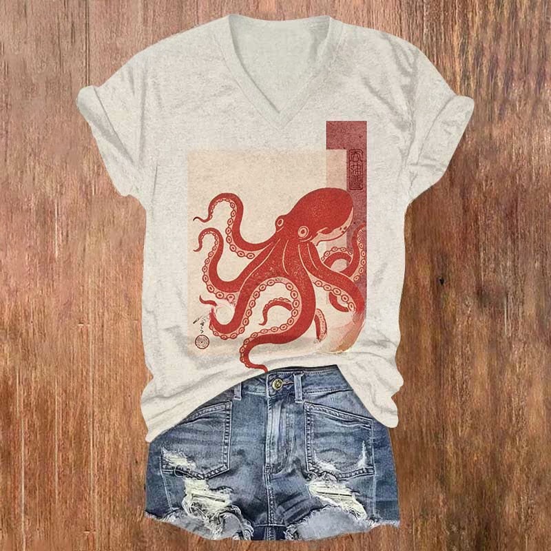 Japanese Cute Red Octopus Art Print V-neck T-shirt