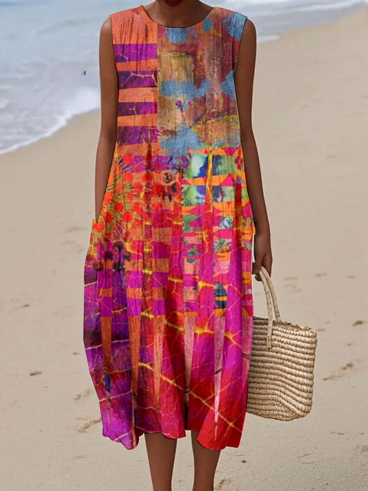 Women's Retro Art Pattern Print Sleeveless Cotton Pocket Wrap Dress