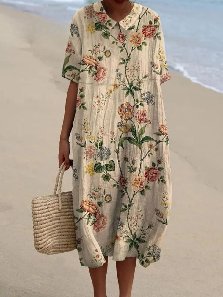 Women's Vintage Lovely Floral Art Print Pocket Linen Dress（Convertible Dress With Front And Back Option）