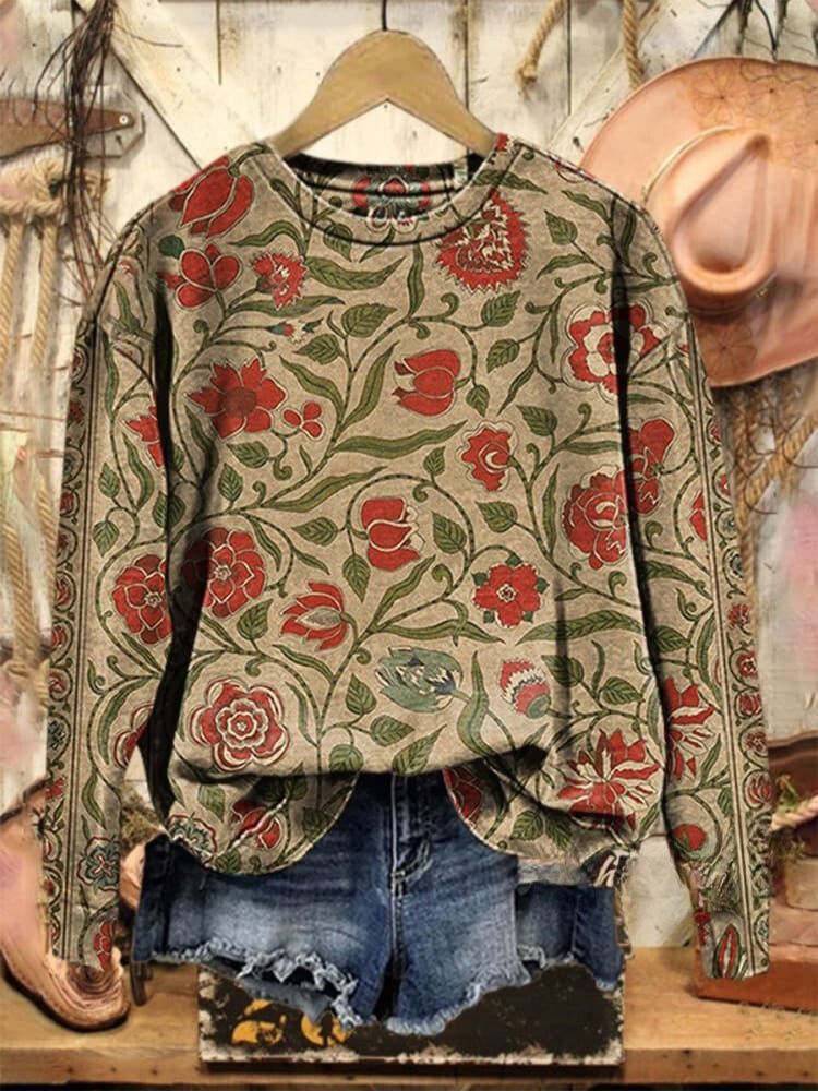 Vintage  Floral  Print Casual Sweatshirt