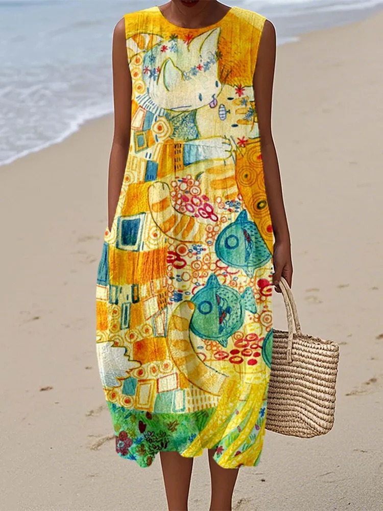 Women's Funny Kiss Cat Art Pattern Print Sleeveless Linen Pocket Wrap Dress