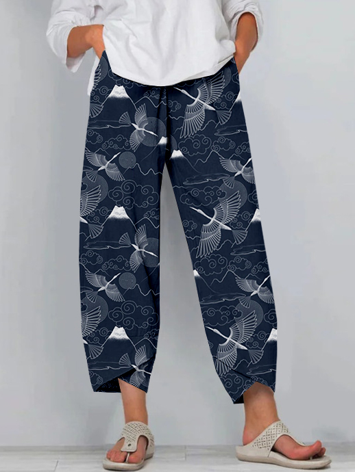 Japanese Mount Fuji & Cranes Art Cropped Casual Pants