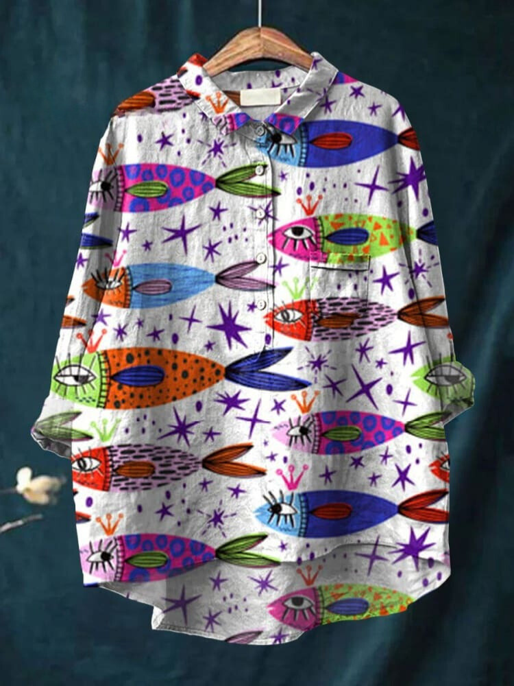 Women's Fish Print Casual Cotton And Linen Shirt