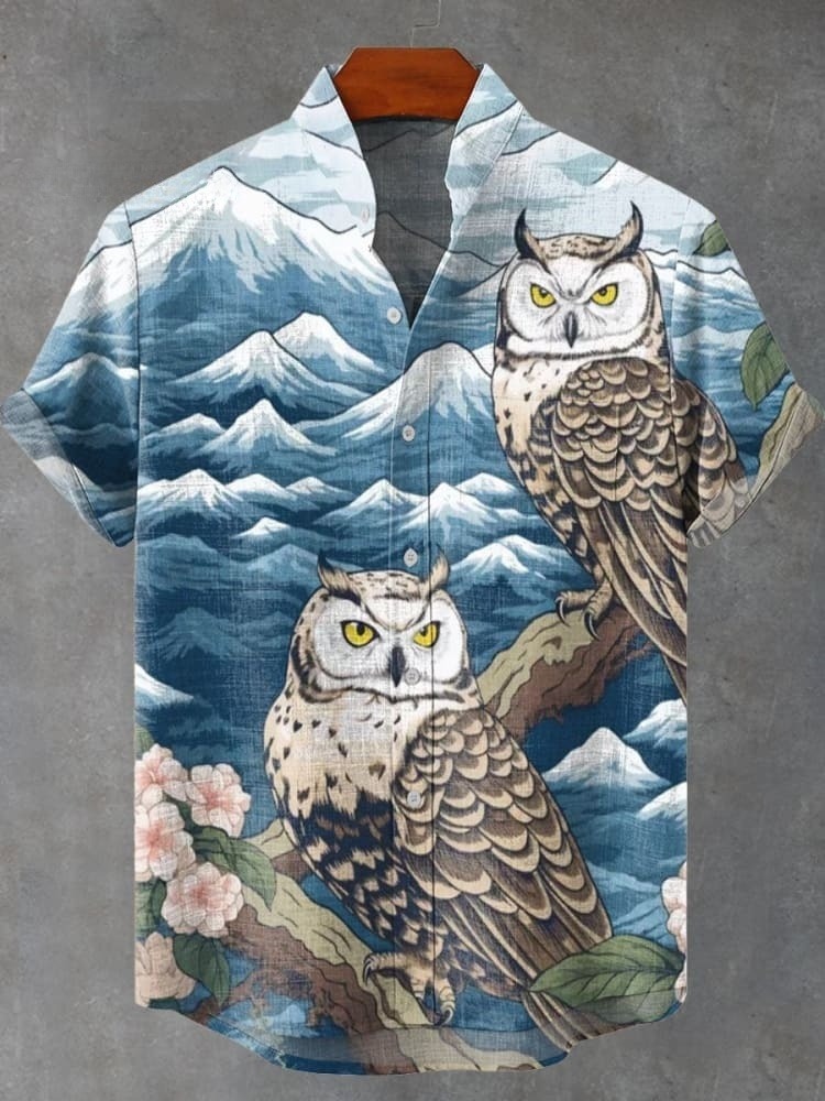 Vintage Japan Ukiyo-e Owl Art Print Casual Shirt