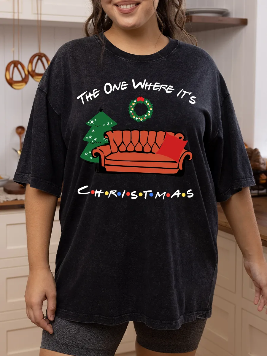 Vintage Merry Christmas Green Flora Washed T-Shirt