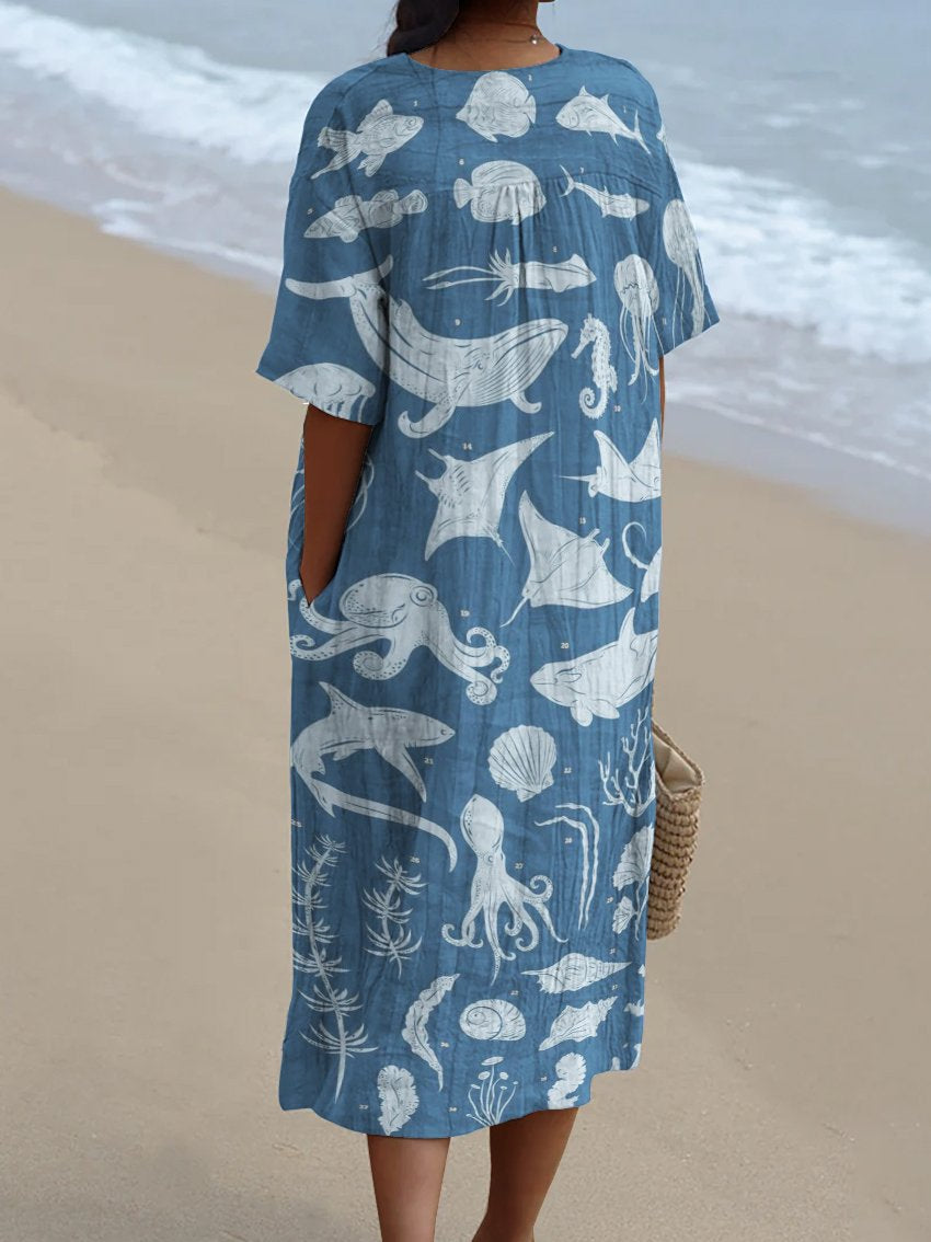 Blue Sea Creatures Decorative Pattern Flowy Dress