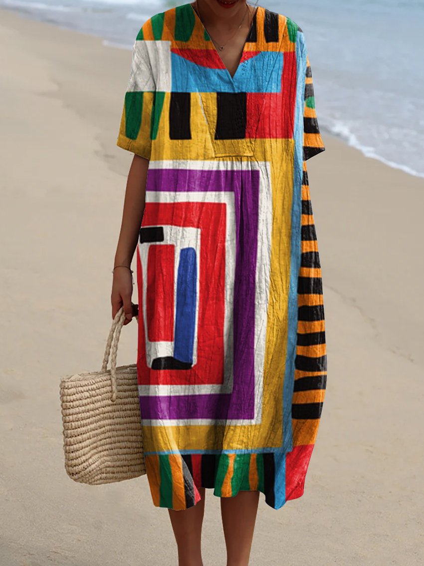 Women's Abstract Geometry Watercolor Splash Fluid Art Print Flowy Dress