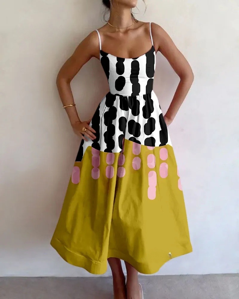 Geometric color block print midi dress