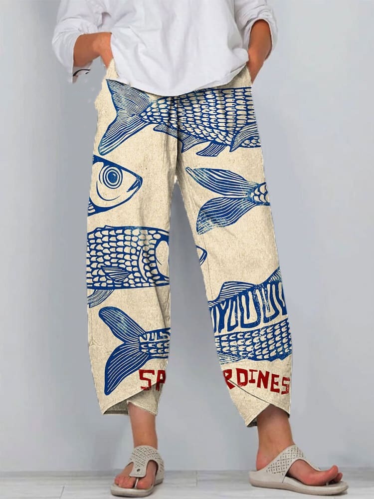 Women's Vintage Fish Sardines Art Print Flowy Cotton And Linen Dress