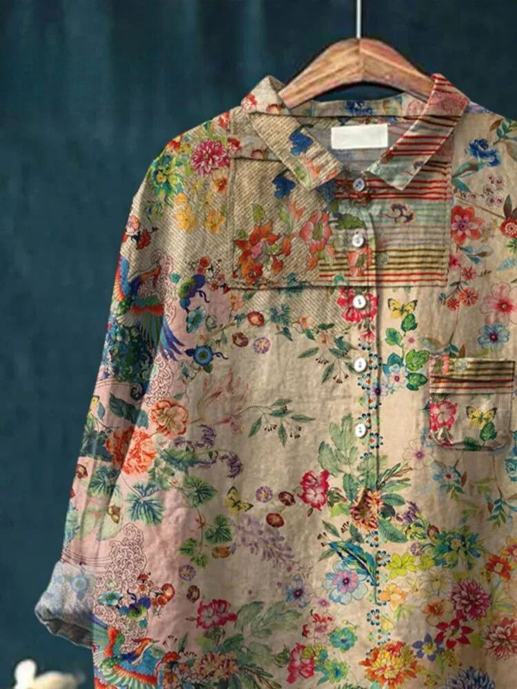 Women's Retro Flower Art Print Casual Cotton And Linen Shirt