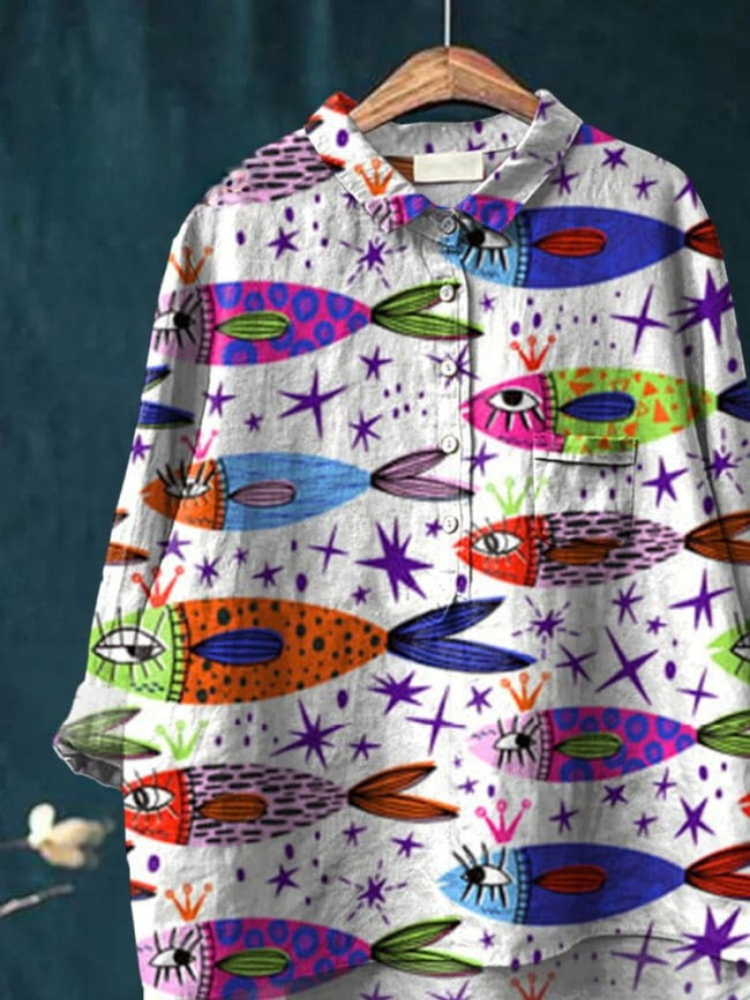 Women's Fish Print Casual Cotton And Linen Shirt