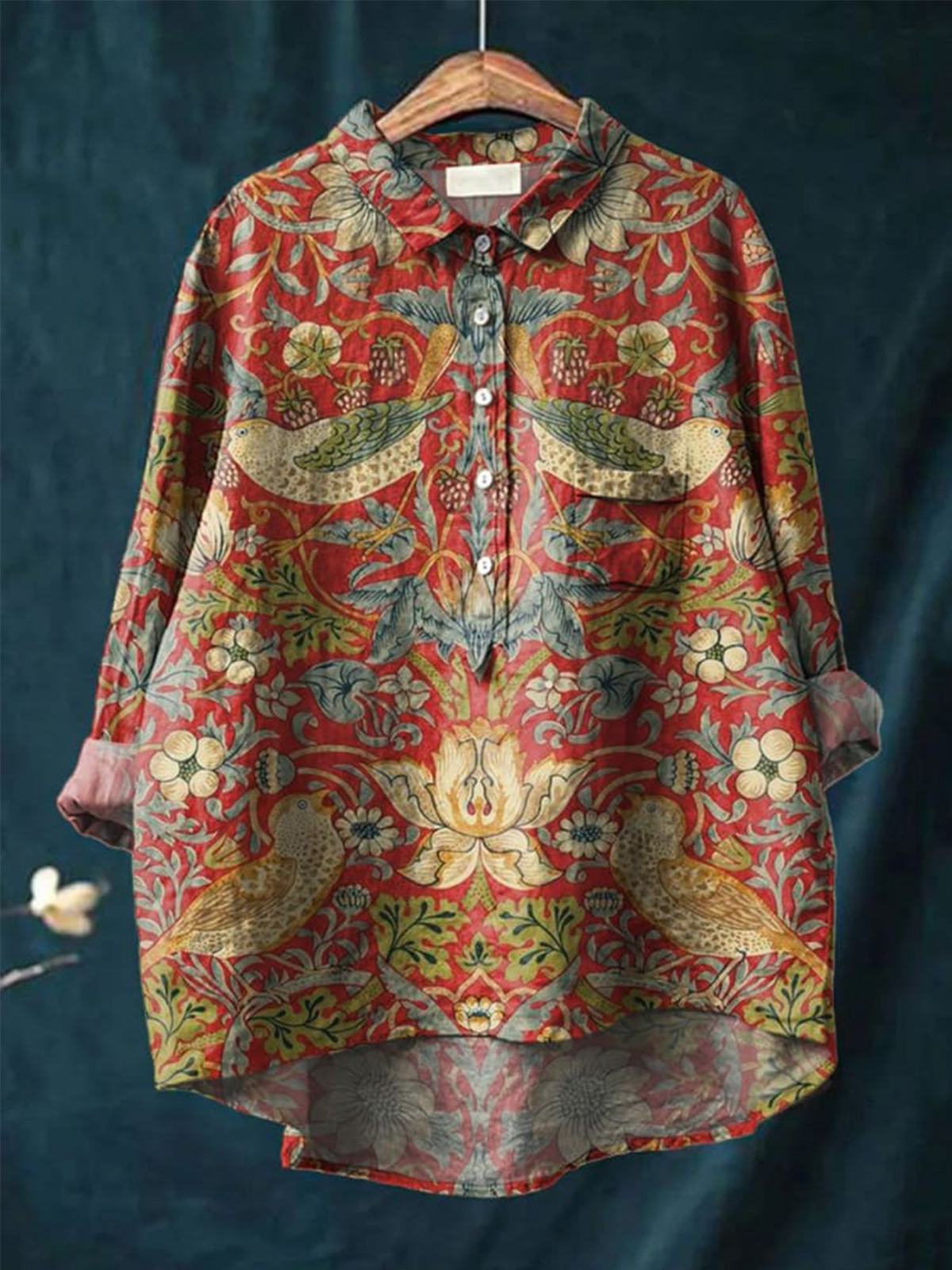 Vintage Ethnic Lovely Birds Floral Art Print Casual Cotton And Linen Shirt