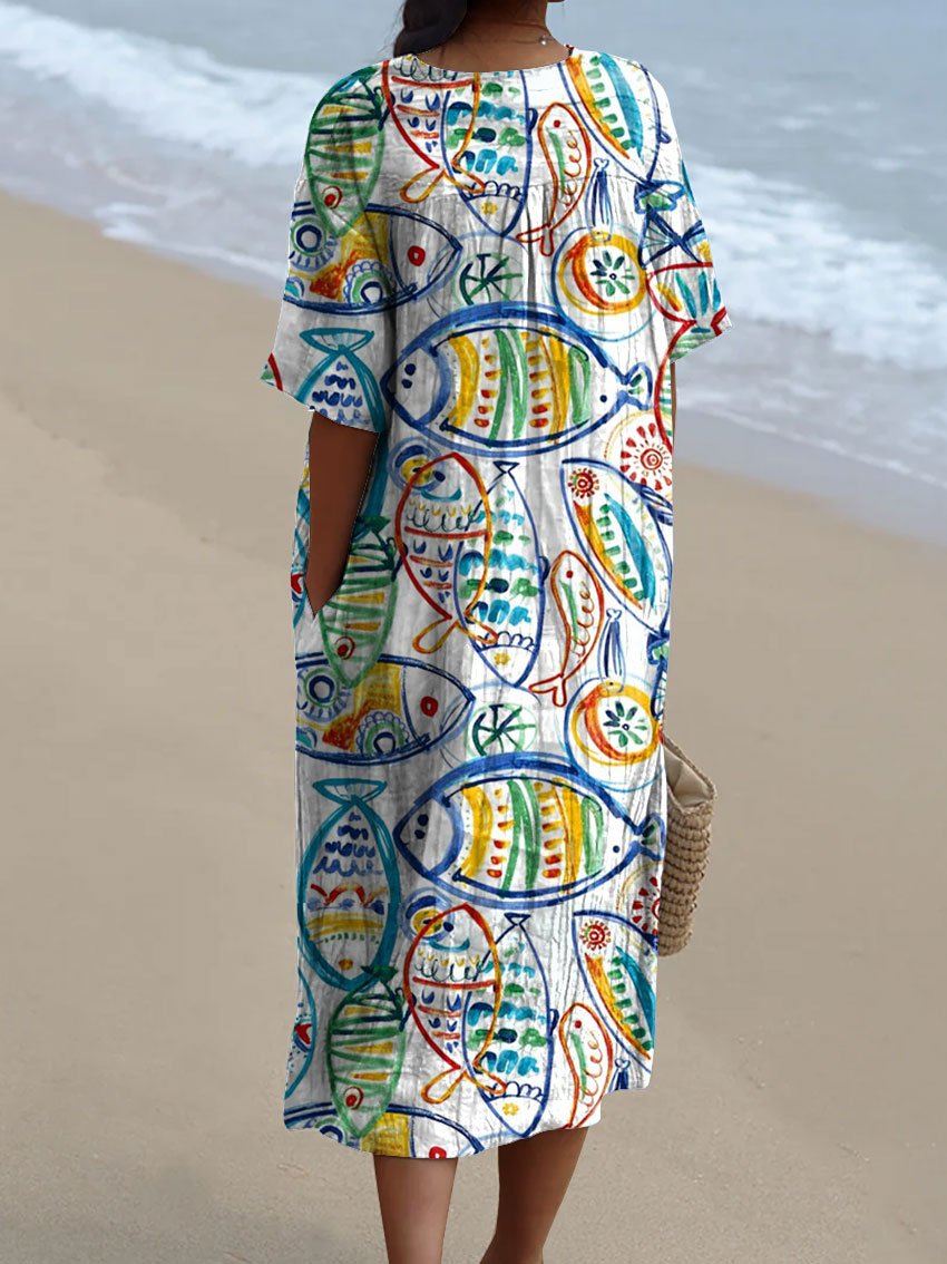 Women's Fish Art Print Flowy Dress