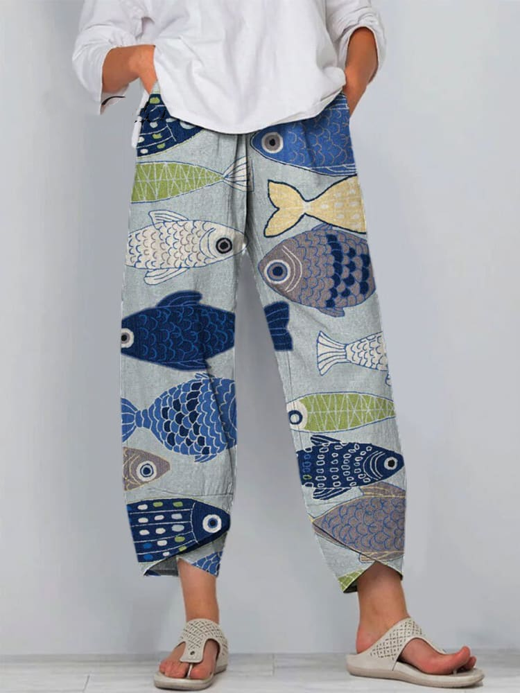 Women's Vintage Lovely Fish Art Printed Cotton And Linen Casual Pants