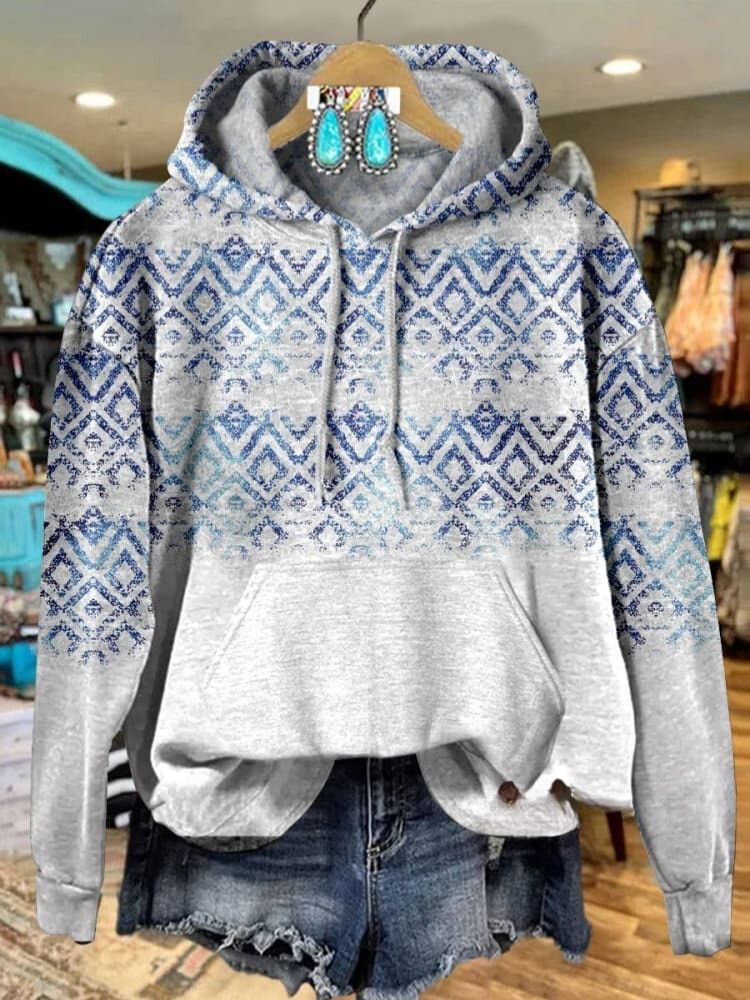 Blue Vintage Print Casual Hoodie Sweatshirt
