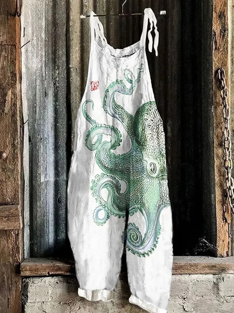 Vintage Cute Green Octopus Loose Casual Jumpsuit