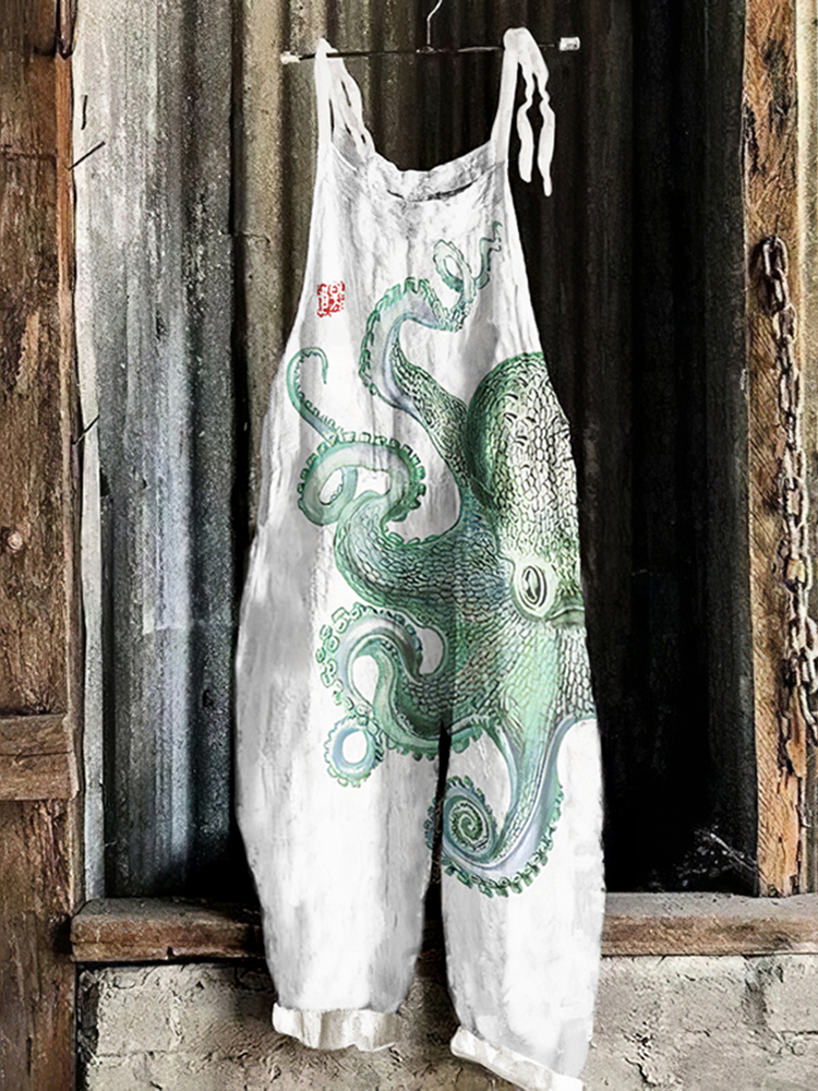 Vintage Cute Green Octopus Linen Blend Loose Casual Jumpsuit