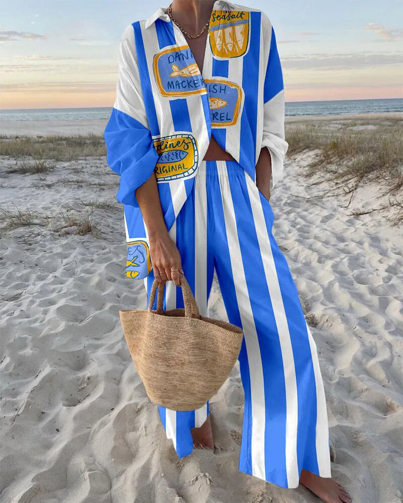 Holiday Blue Stripe Print Two-Piece Set