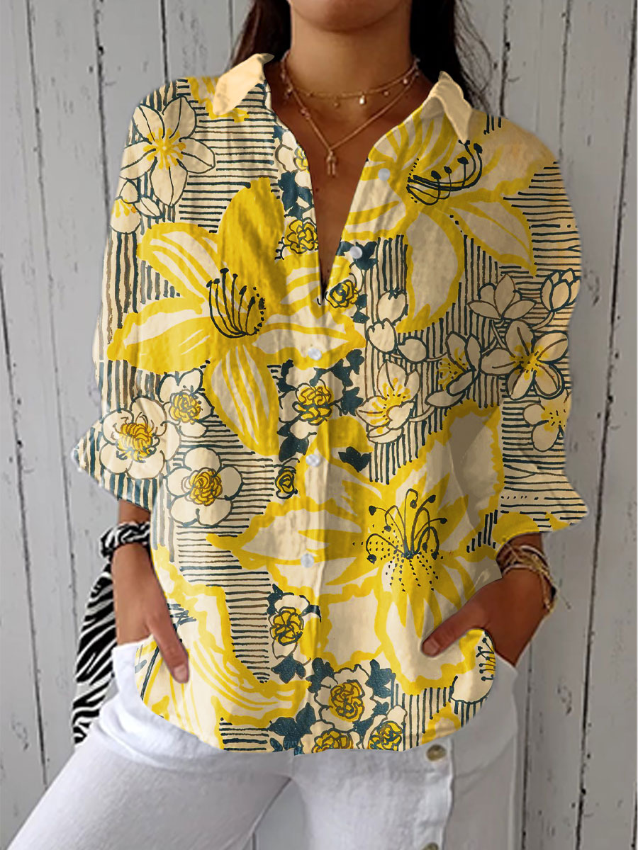 Women's Vintage Flower Art Print Casual V-neck Shirt