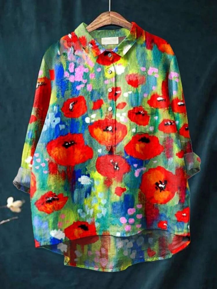 Women's   Floral  Art Print Casual Cotton And Linen Shirt