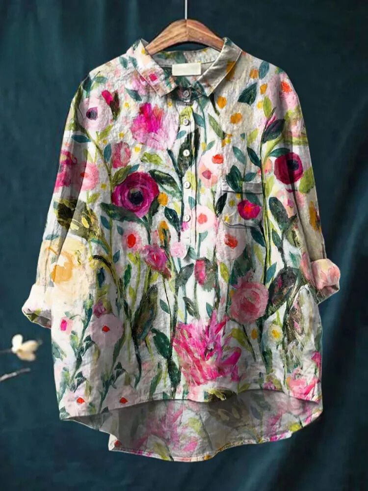 Women's Flower Print Casual Cotton And Linen Shirt