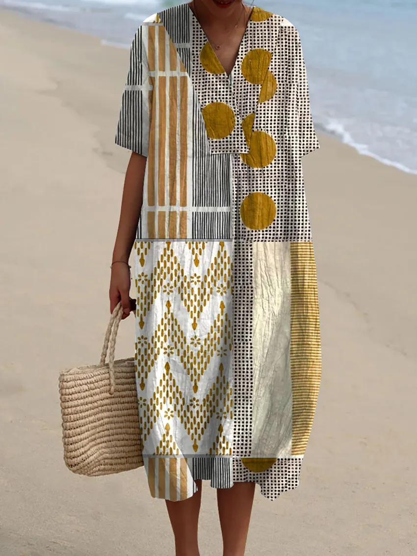 Women's Abstract Geometric Pattern Art Print Cotton Dress