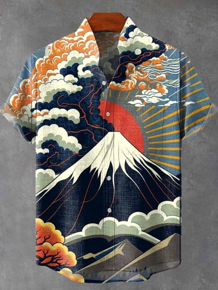 Vintage Japan Ukiyo-e Art Mount Fuji Sunrise Print Casual Shirt