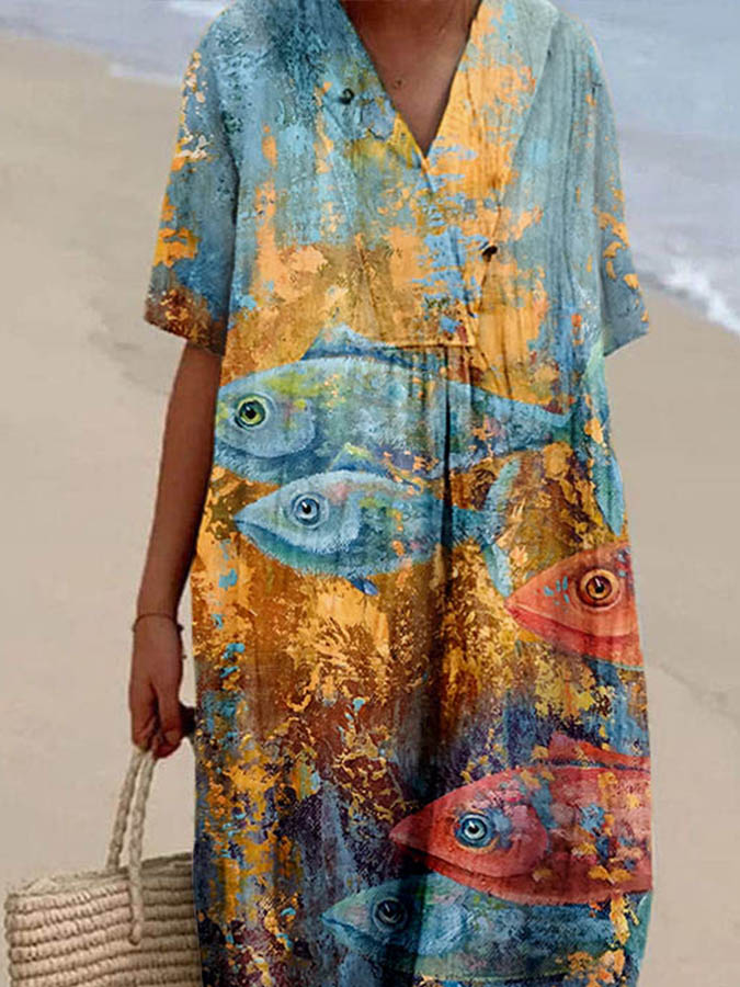 Women's Ocean Fish Colorblock Print Casual Cotton And Linen Dress