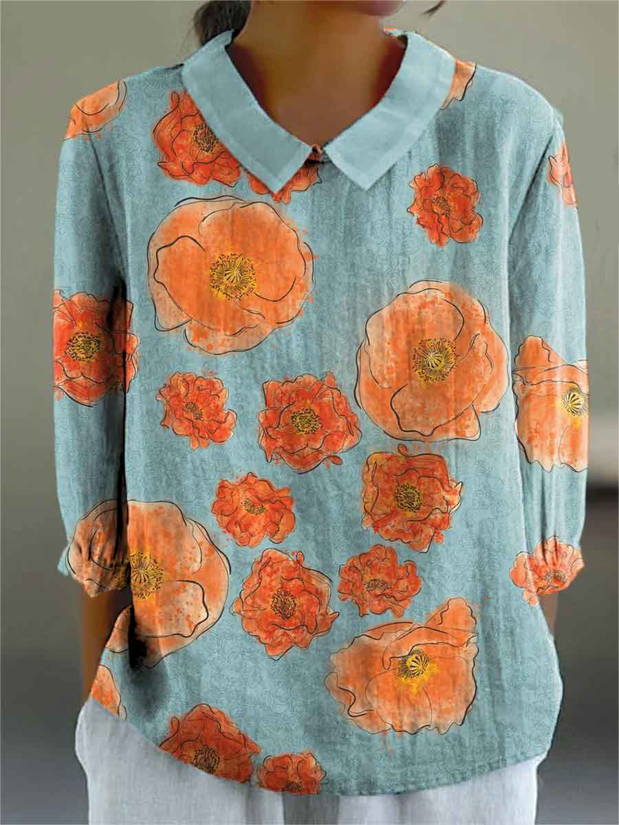 Women's Flowers Print Casual 3/4 Sleeve Shirt