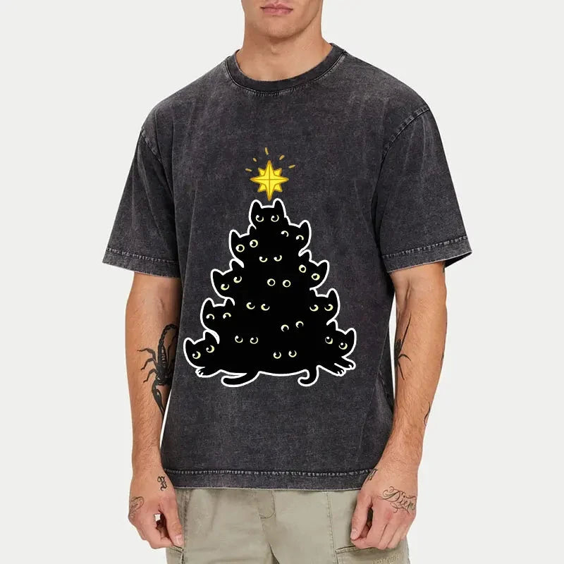   Black Cat Christmas Tree Washed T-Shirt