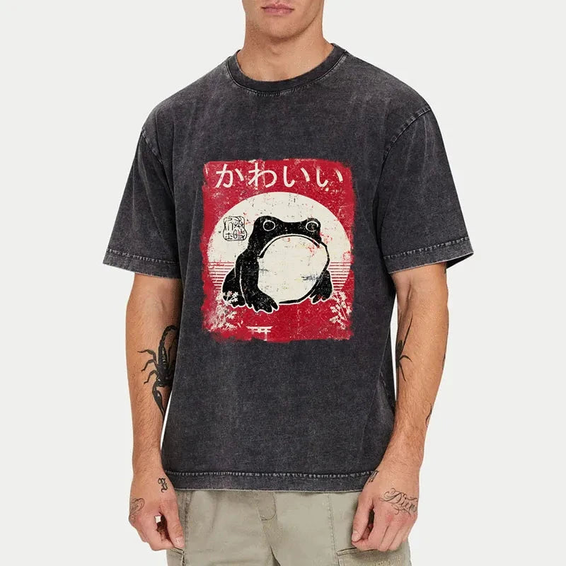 Woodblock Print Grumpy Frog Washed T-Shirt