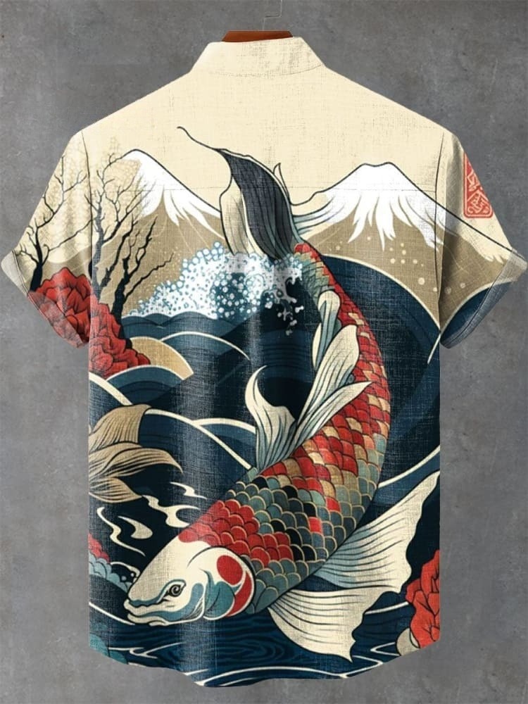 Vintage Japan Ukiyo-e Koi Art Print Casual Shirt