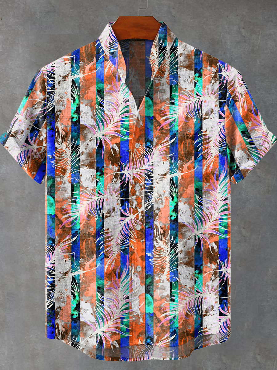 Colorful Vertical Stripes Hawaiian Holiday Leaf Decorative Pattern Casual Shirt