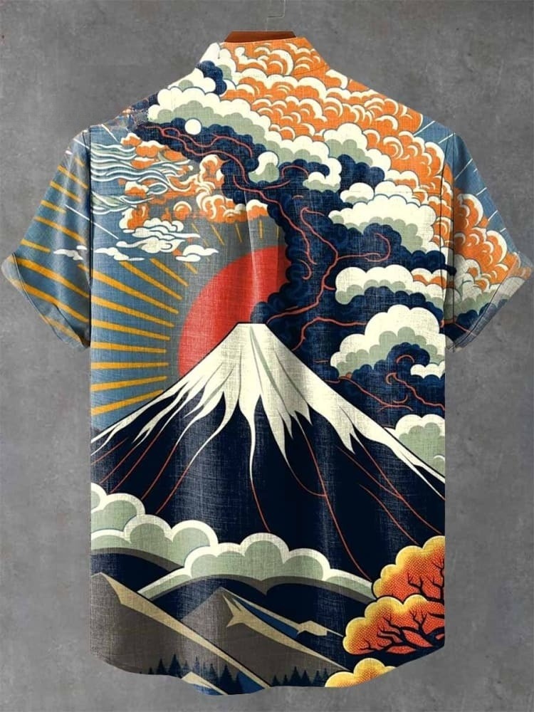 Vintage Japan Ukiyo-e Art Mount Fuji Sunrise Print Casual Shirt