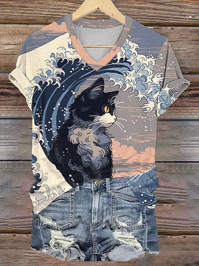 Women's Cat Waves Print T-Shirt