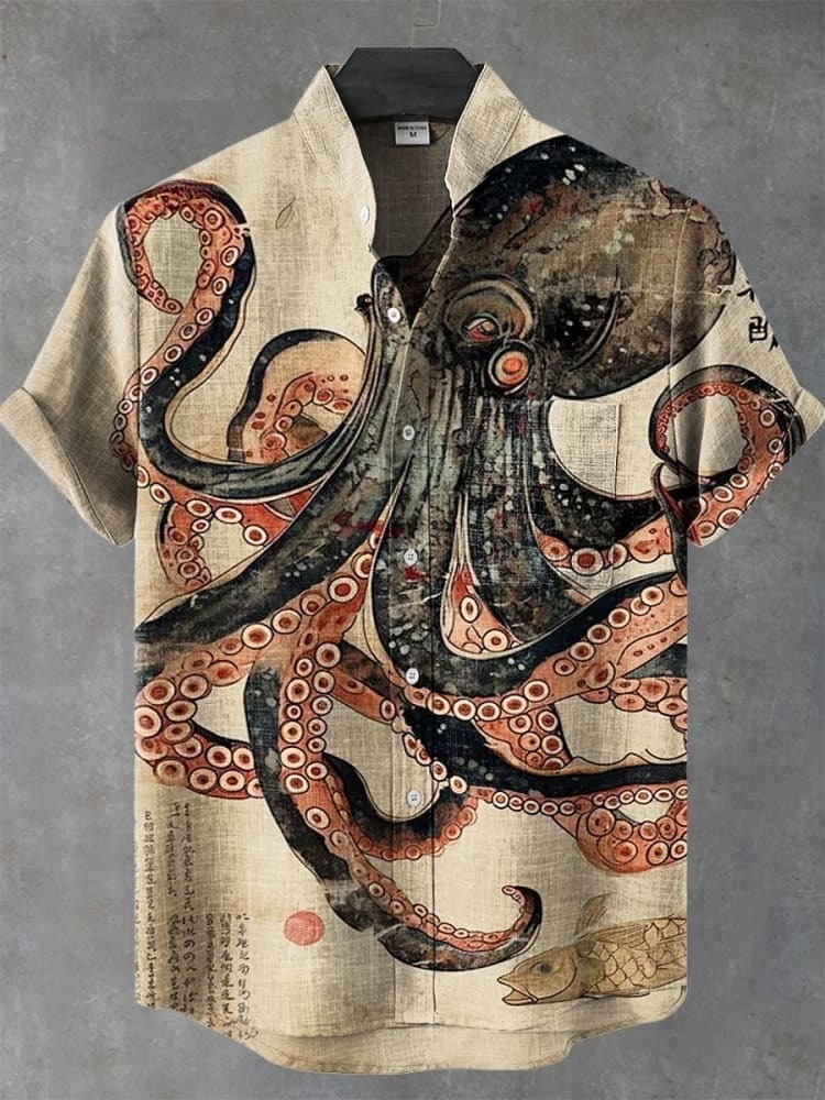 Vintage Fish Octopus Art Print Casual Shirt