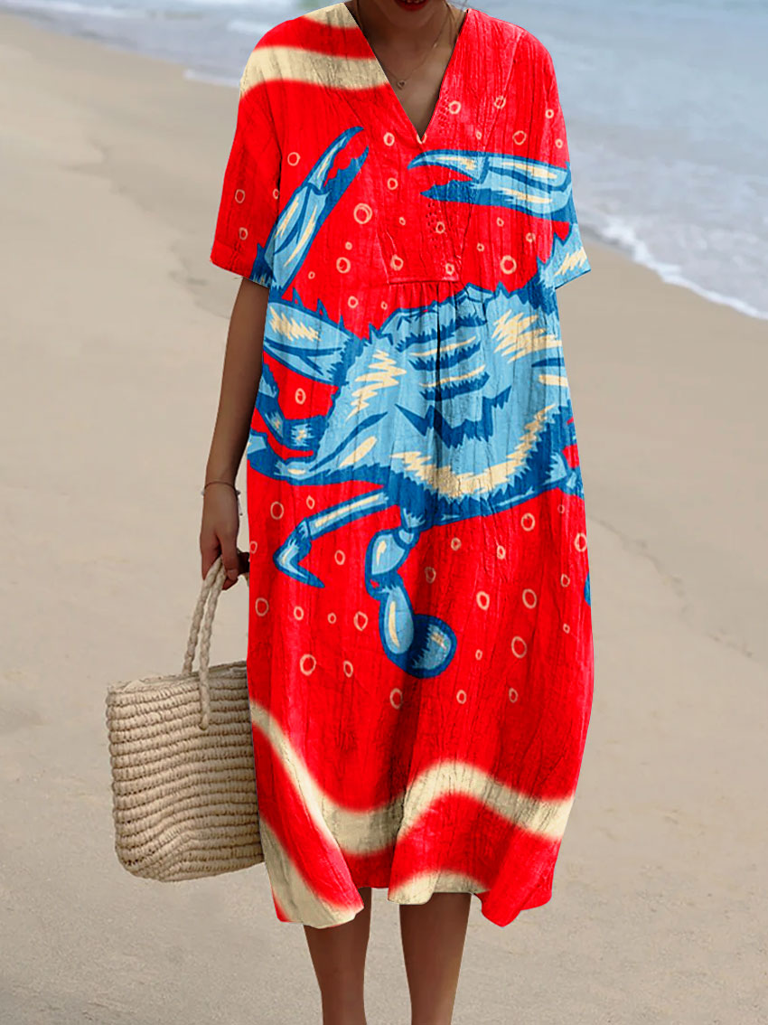 Women's Vintage Abstract Crab Art Print Flowy Dress