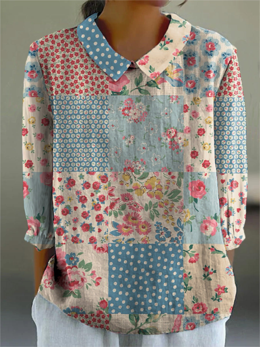 Vintage Patchwork Pattern Printed Women's Casual 3/4 Sleeve Shirt