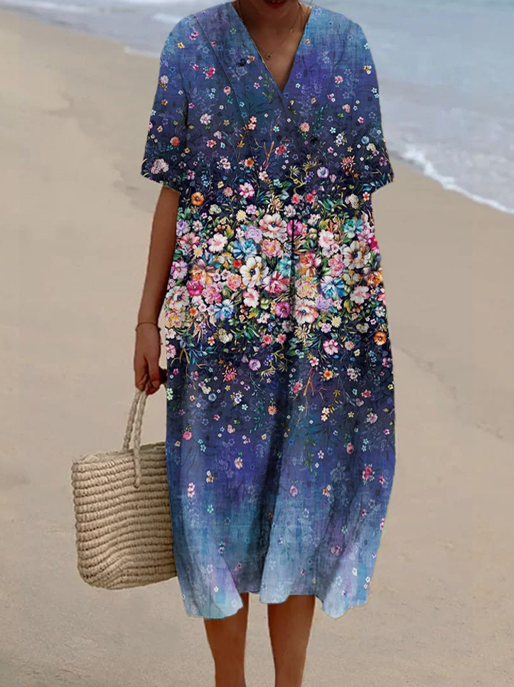 Women's Gradient Floral Print Casual Cotton And Linen Dress