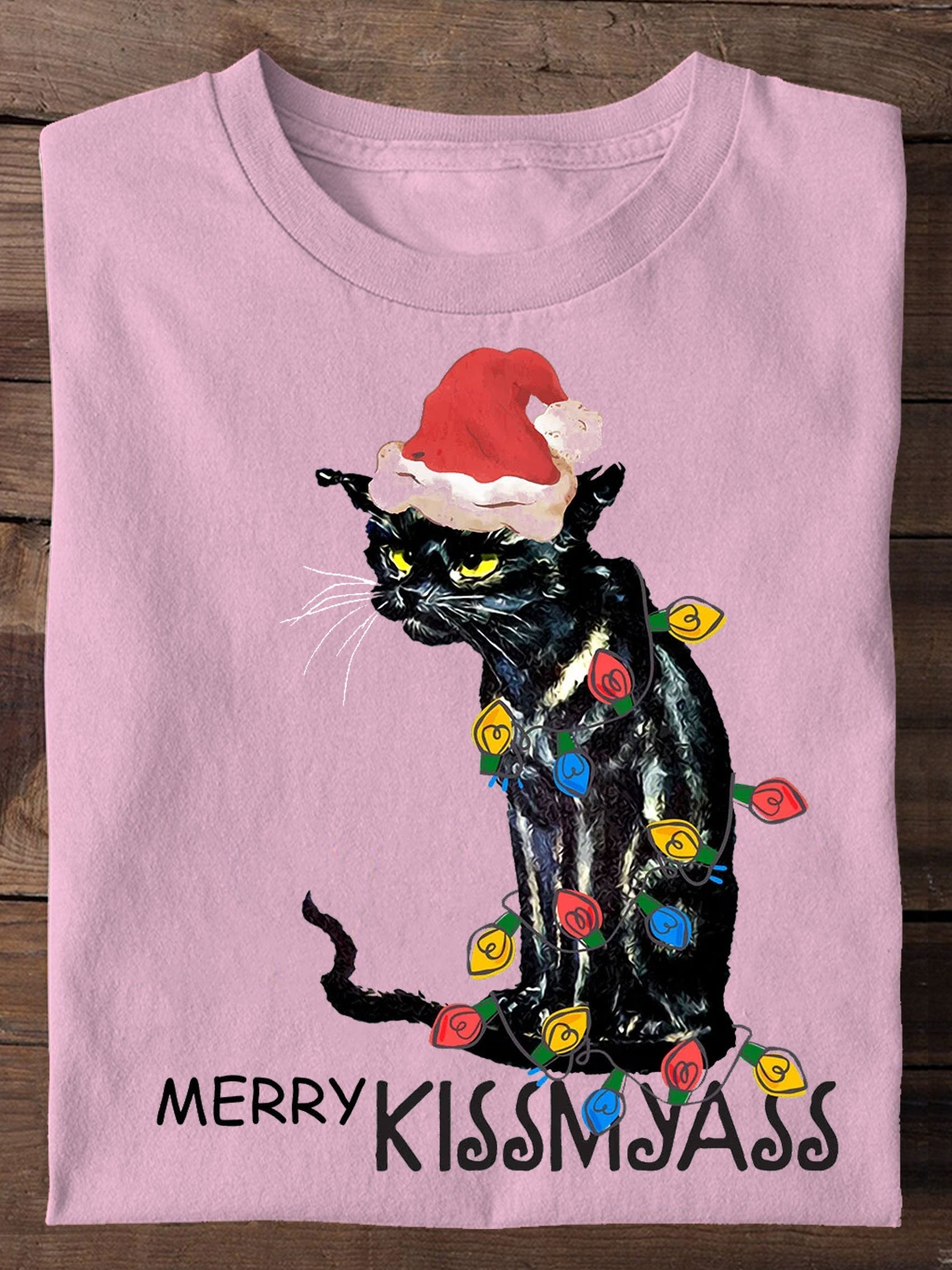Merry Kissmyass Funny Cat Christmas LightsT-shirt