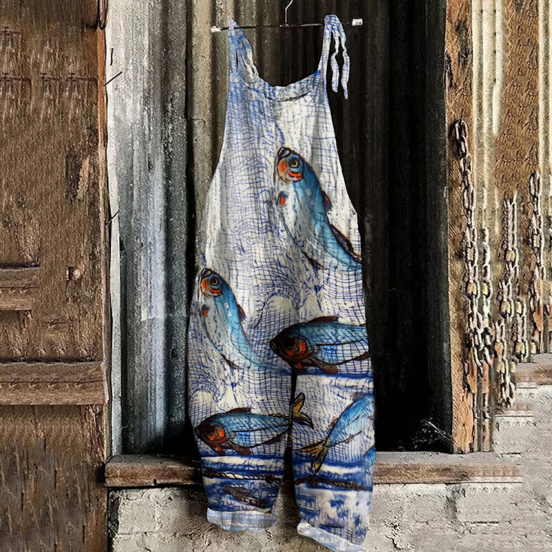 Retro Sardinas Forever Art Print Linen Loose Casual Jumpsuit