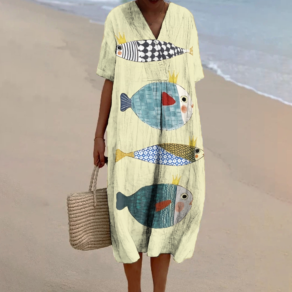 Women's Vintage Cute Fish Art Print Linen Dress