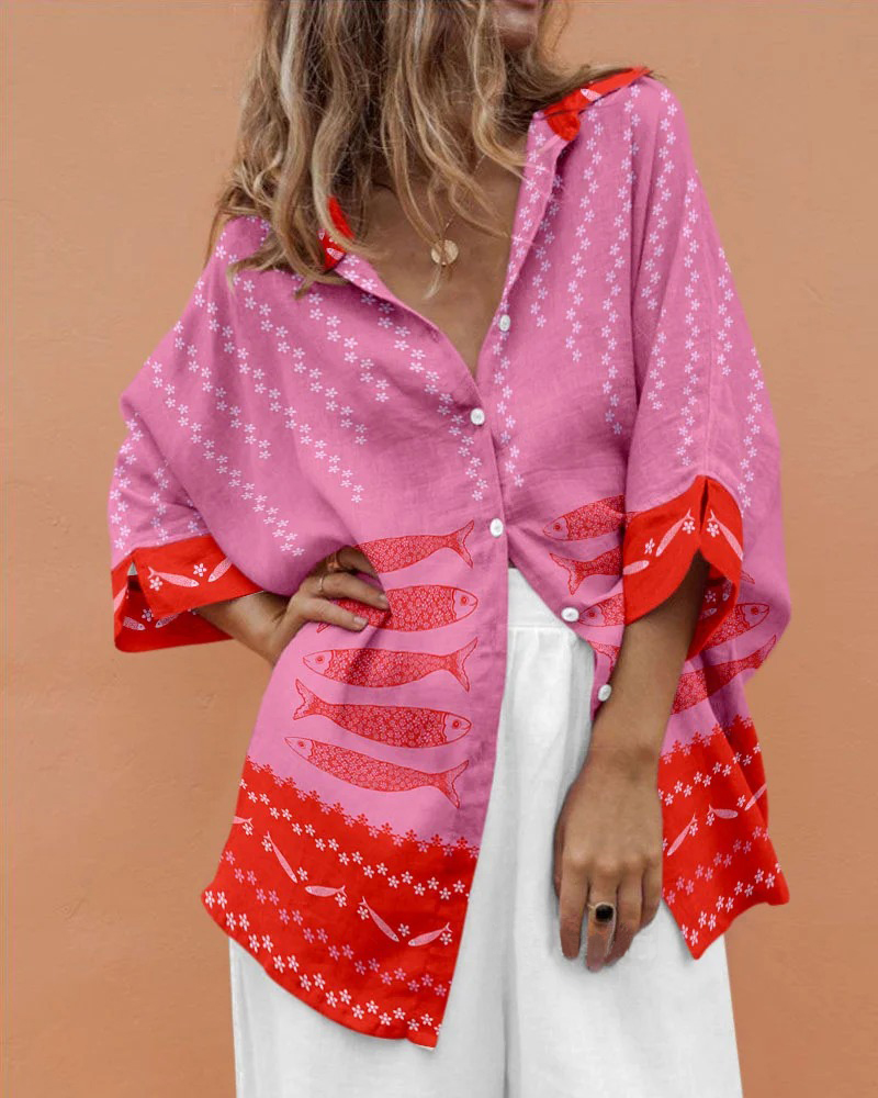 Retro vacation pink fish print shirt and trousers